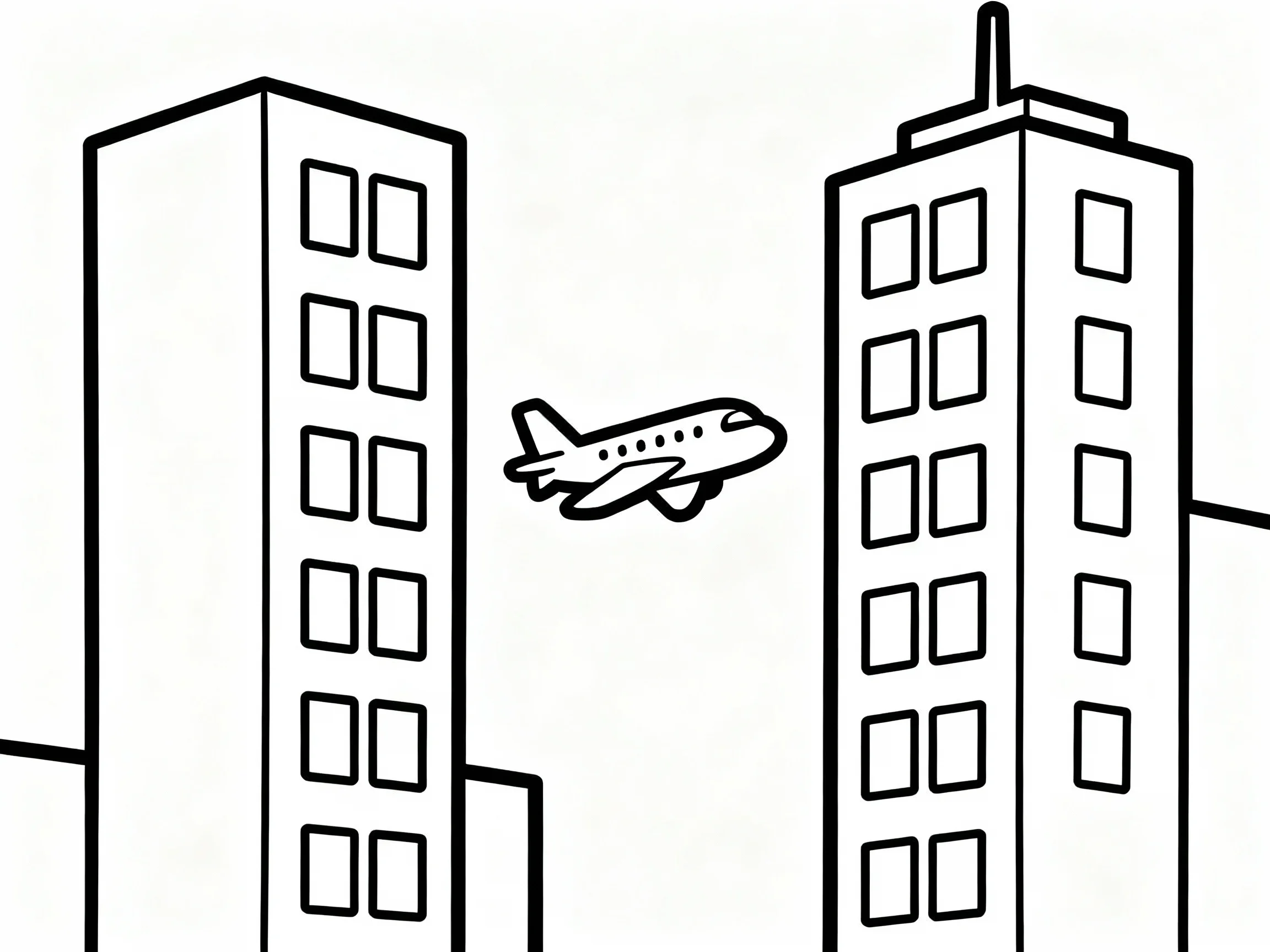 Airplane Flying Between Buildings