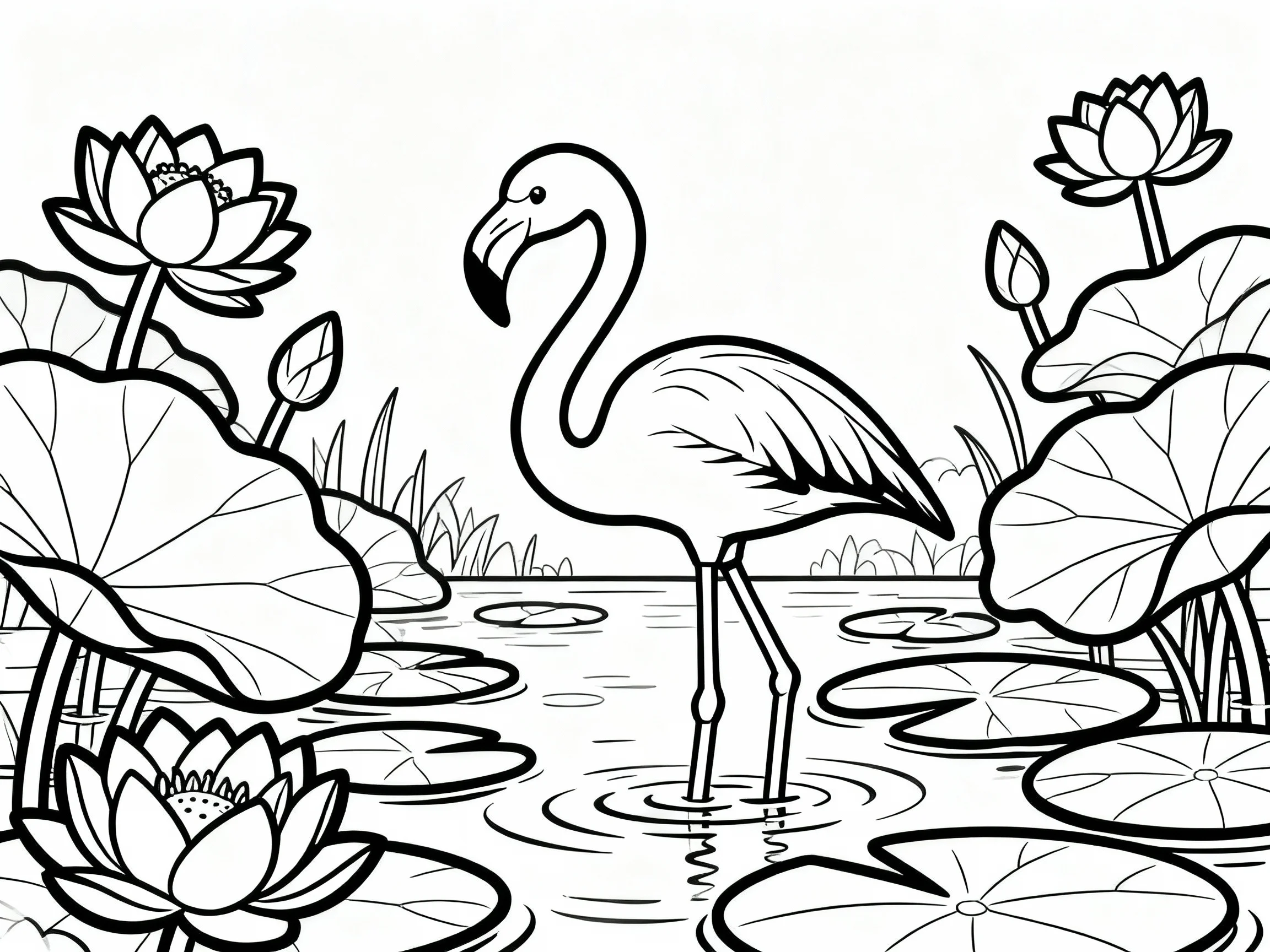 Flamingo in Water Lilies