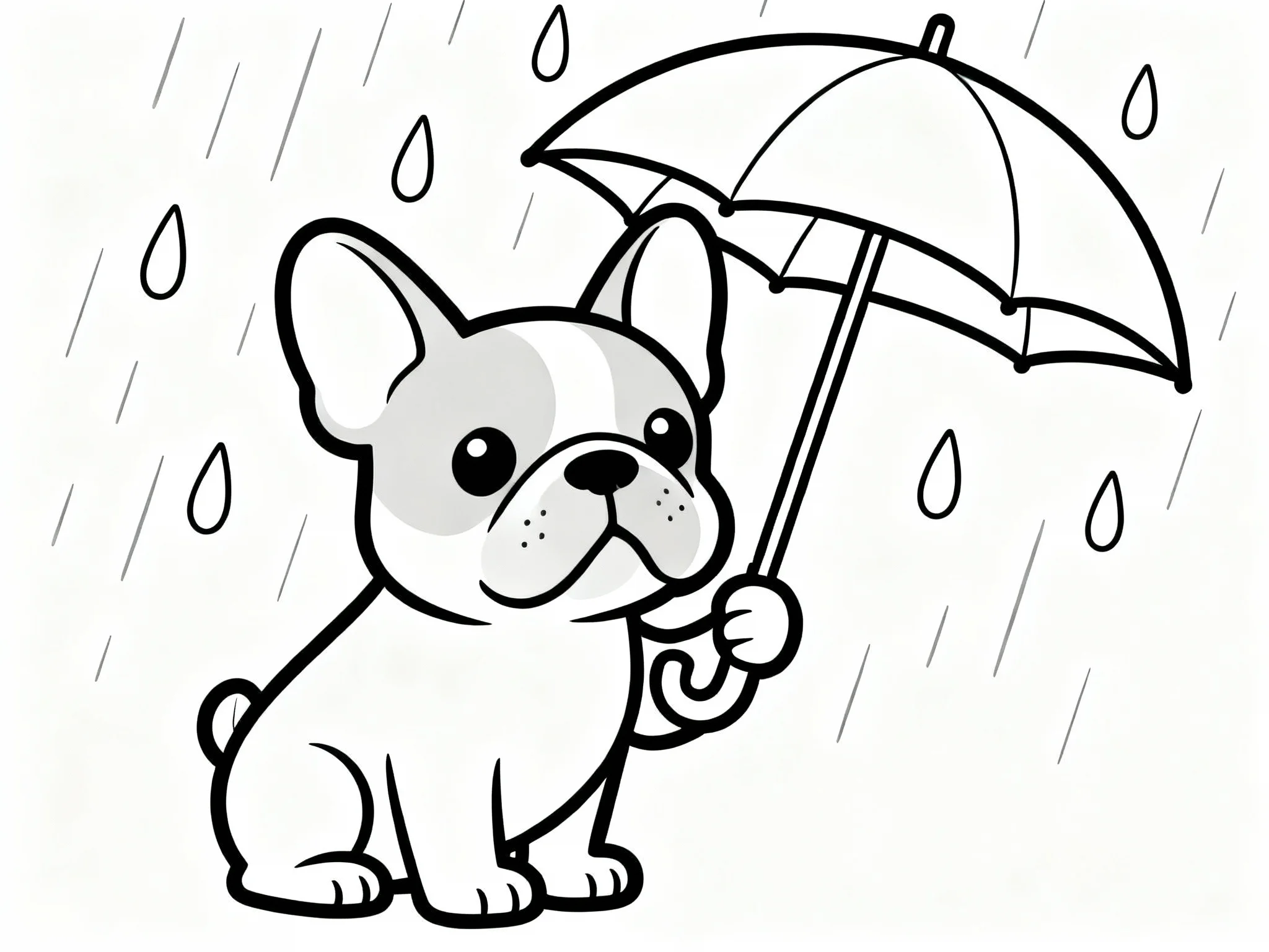 Bulldog in Rain with Umbrella