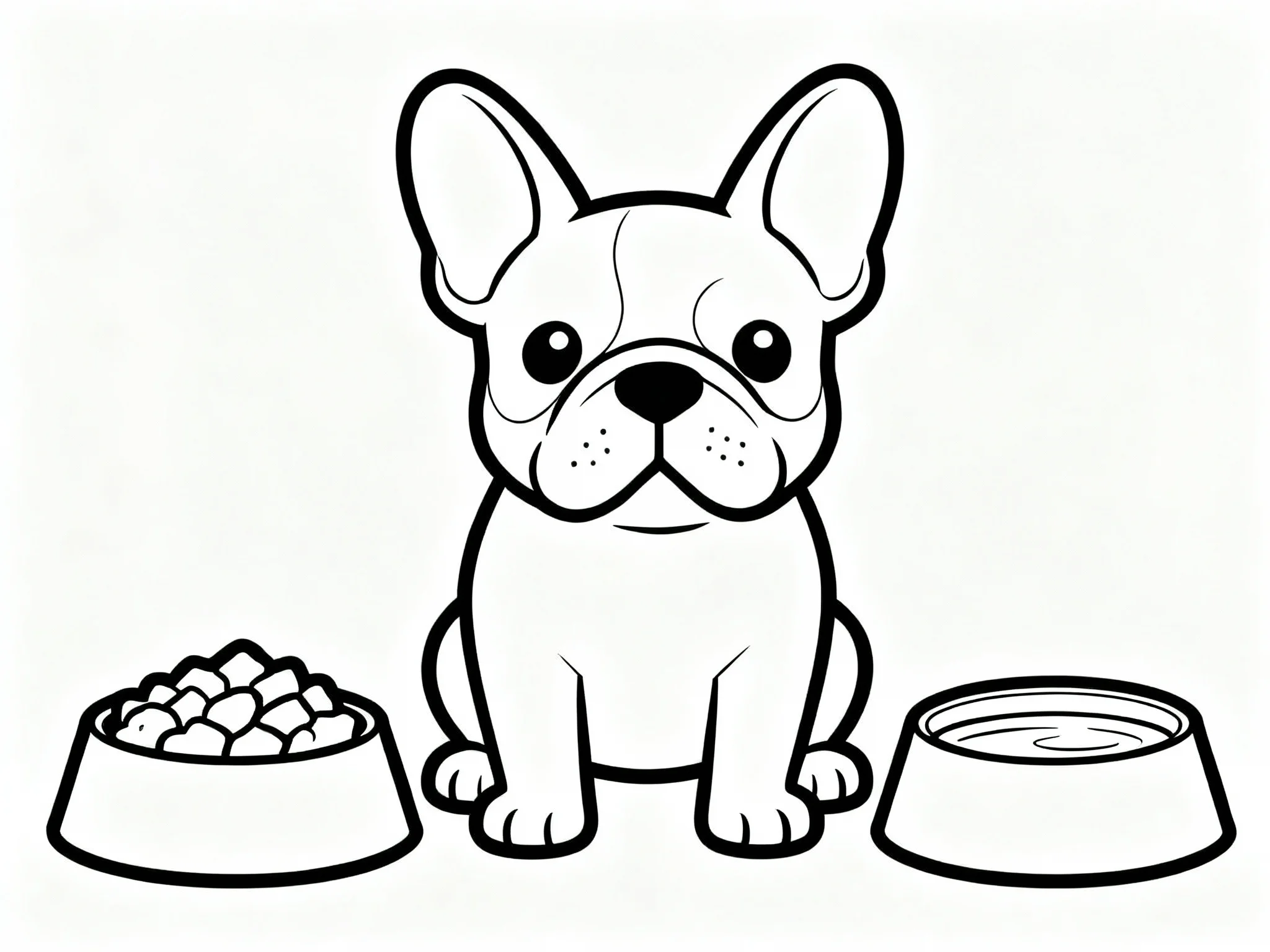 Bulldog with Food Bowl and Water
