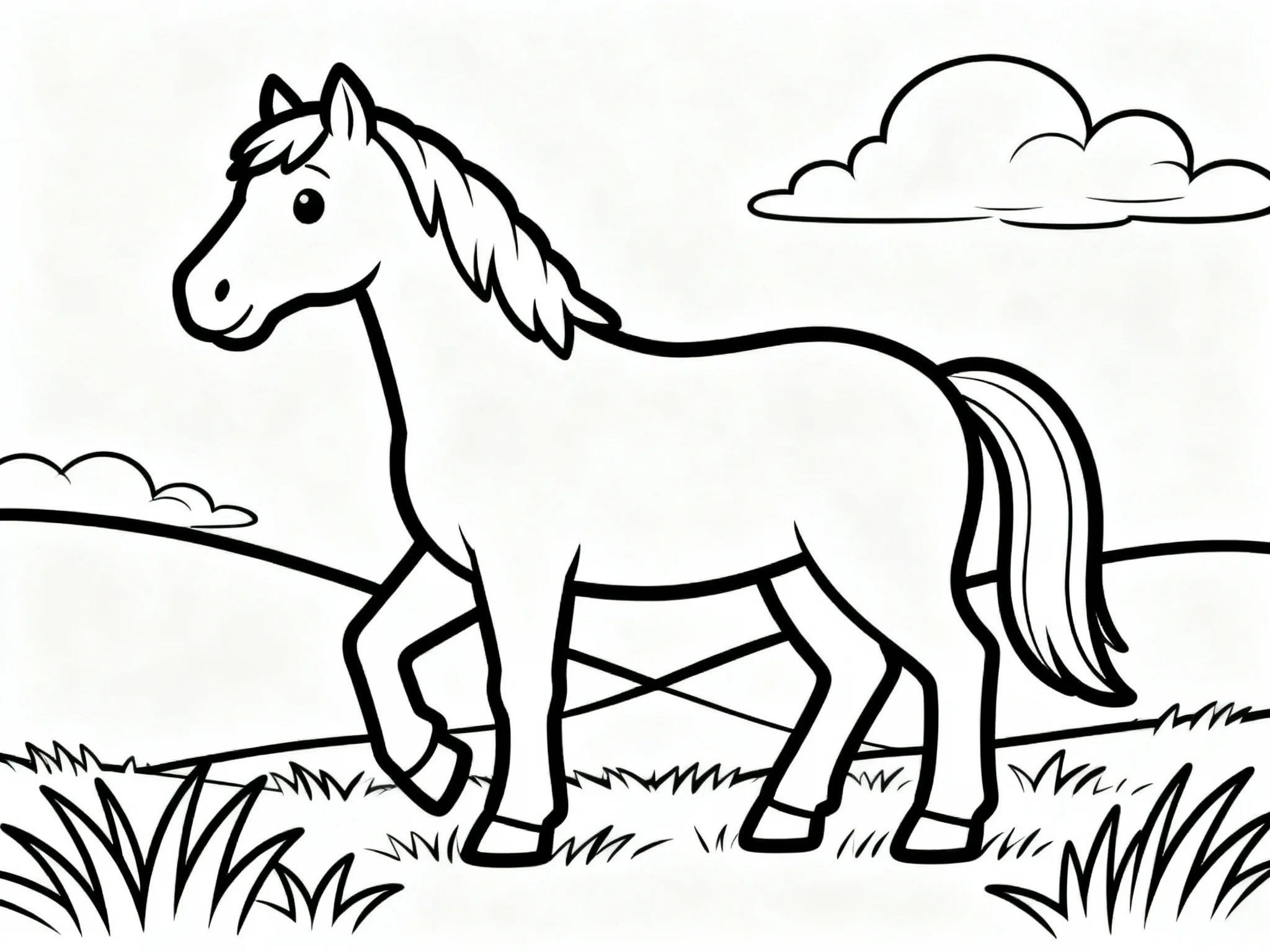 Horse with Simple Clouds and Grass