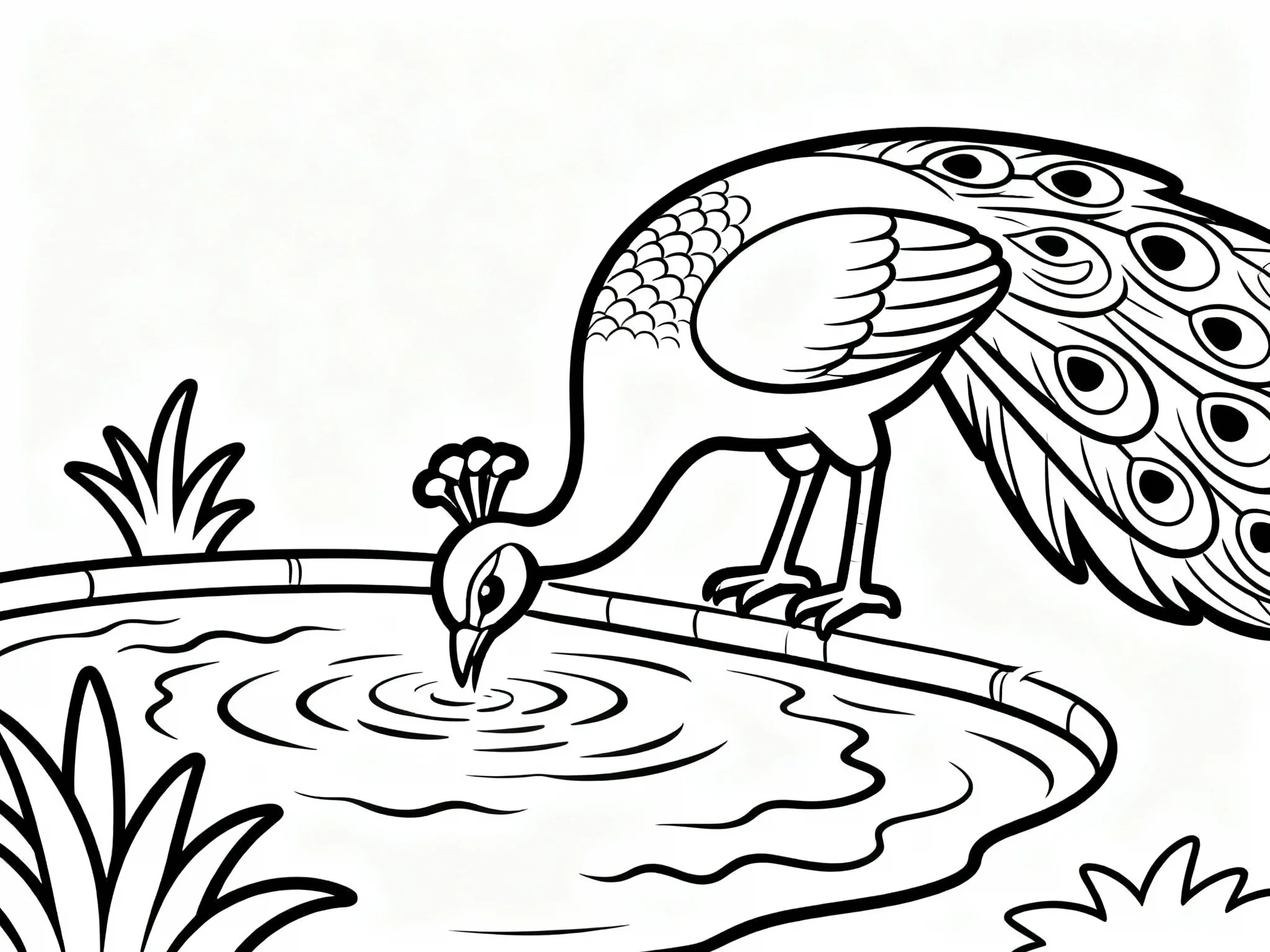Peacock Drinking from a Pond
