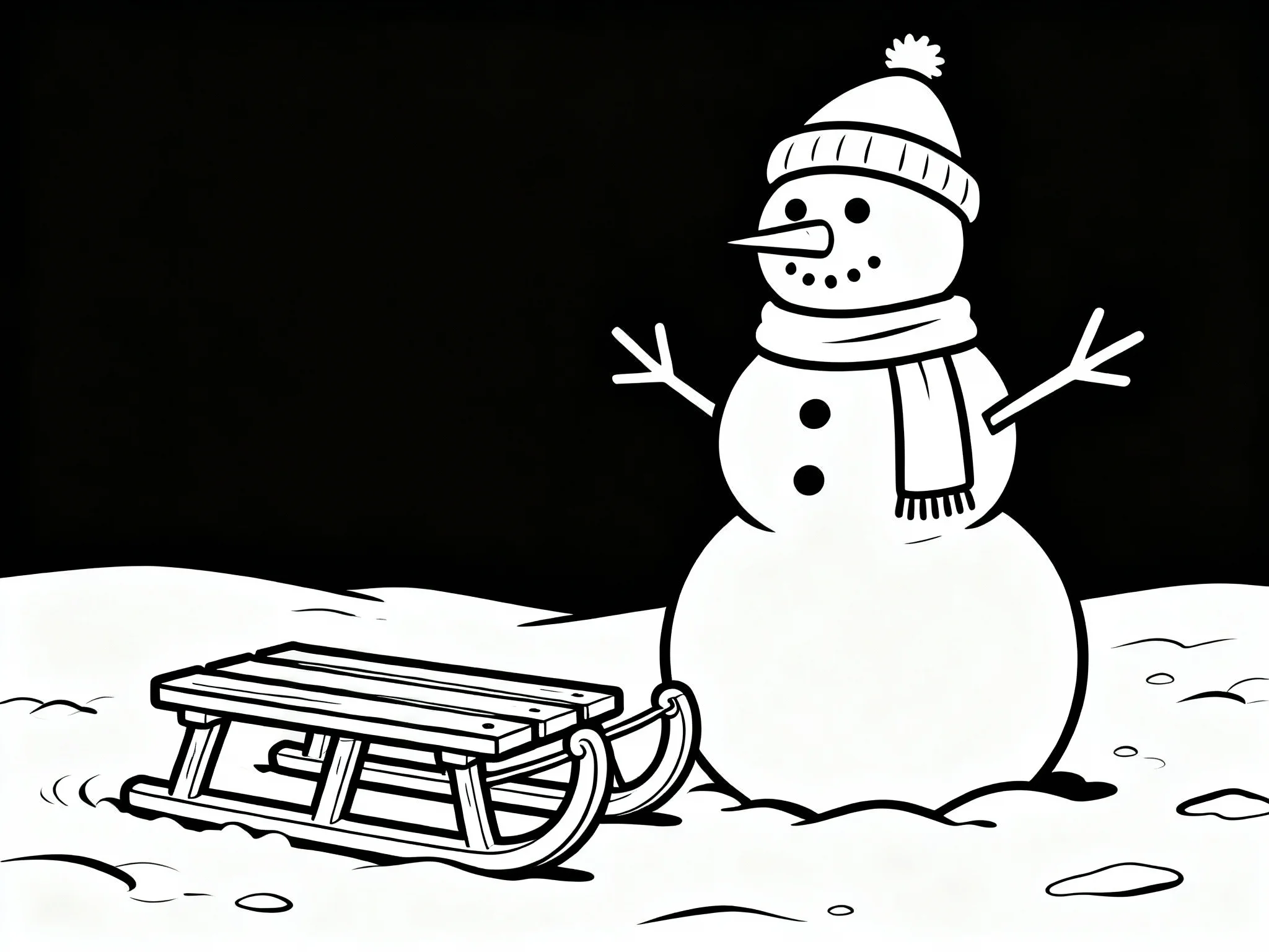Snowman with Sled Nearby